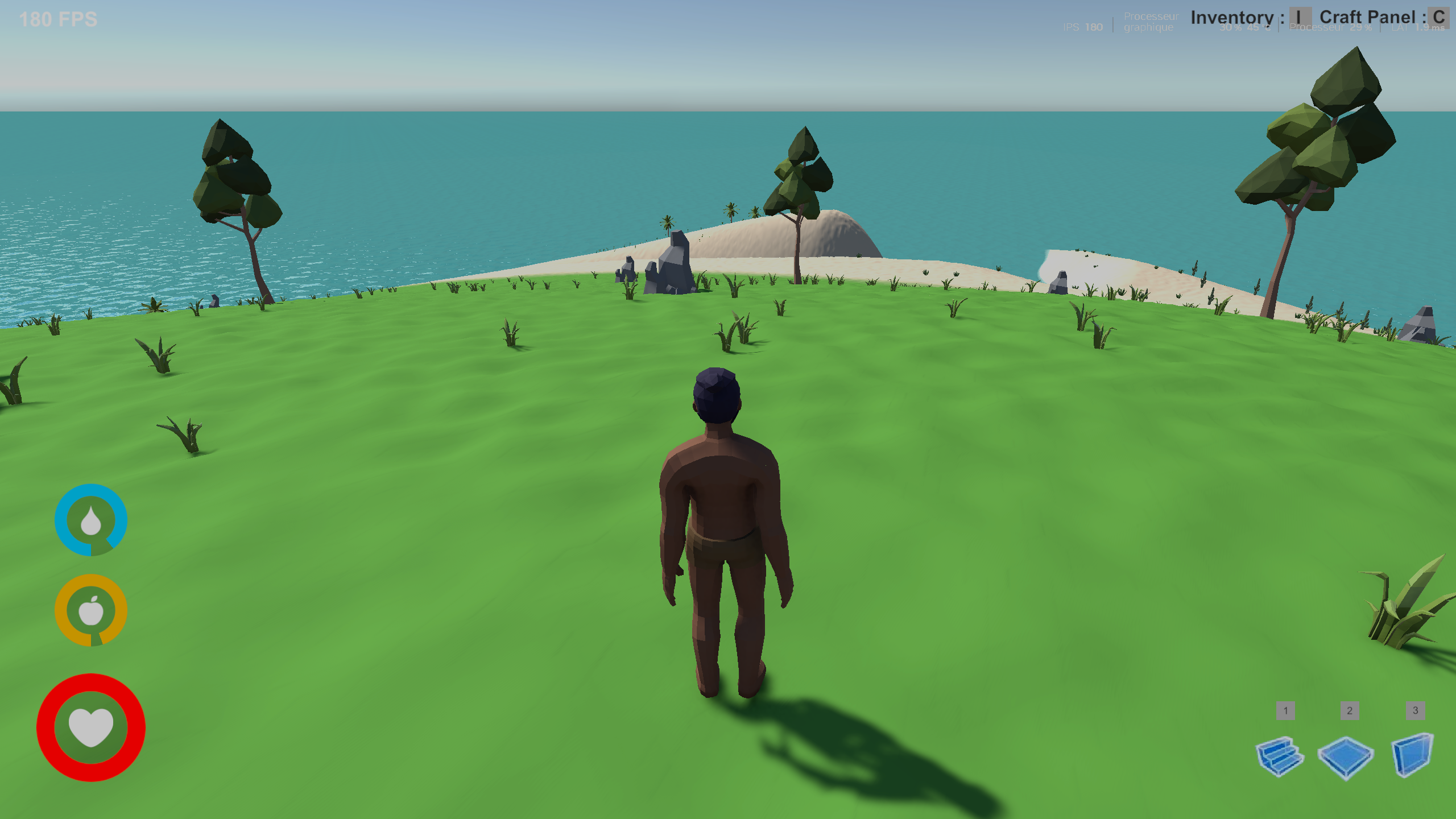 Environnement du jeu Survival Island, jeu de survie 3D Unity créé par Théophile Masson
