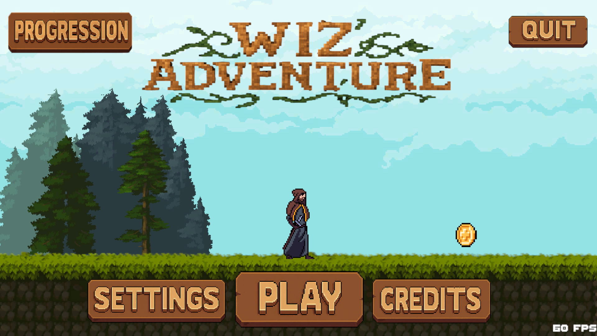 Menu principal du jeu Wiz’Adventure, jeu 2D développé sous Unity par Théophile Masson